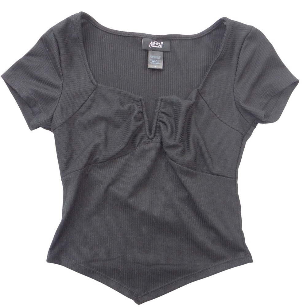 Just Polly Black Ribbed Sweetheart Notched Handkerchief Hem Top Medium